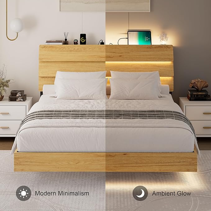 Feonase Floating Bed Frame Full with Led Lights and Charging Station, Wood Full Size Bed Frame with Storage Headboard, Heavy Duty Metal Slats, No Box Spring Needed, Easy Assembly, Noise-Free,Oak