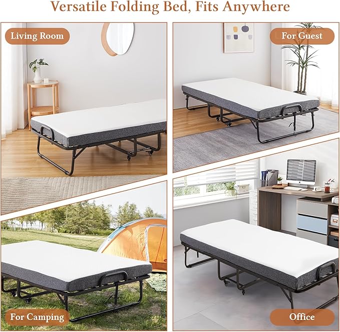 AbyssZen Twin Size Folding Bed with Mattress, 75" x 38" RollawayBed Guest Foldable for Adults, Portable Extra Bed with Memory Foam Mattress, Space-Saving Fold Up for Easy Storage