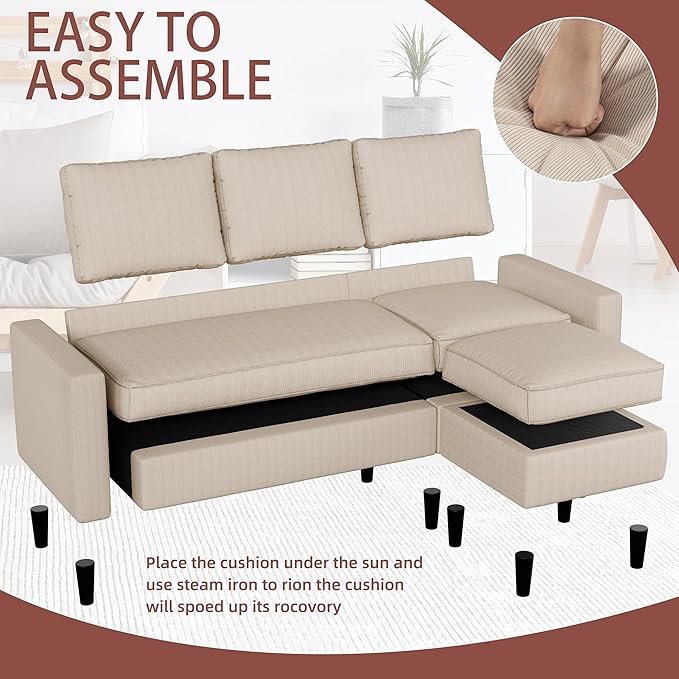 Nuturelly Convertible Sectional Sofa Couch with Movable Ottoman, 3-Seater Modern L-Shaped Sofa for Small Spaces, Soft Fabric Couch for Living Room, Small Apartment & Office(Khaki)