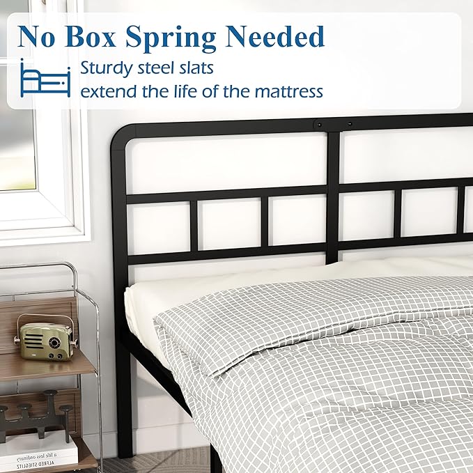 DiaOutro 18 Inch Queen Bed Frame with Headboard No Box Spring Needed, Heavy Duty Metal Queen Size Platform with Steel Slat, Mattress Foundation, Easy Assembly, Noise Free, Black