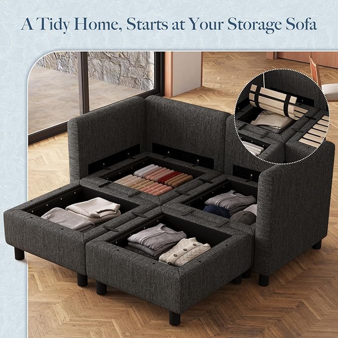 Belffin 58.3" Modular Sectional Sofa 4 Seats Sleeper Sofa Washable Sectional Couches for Living Room Comfy Couches with Storage Seat Couch Sofas with Chaise,Dark Grey