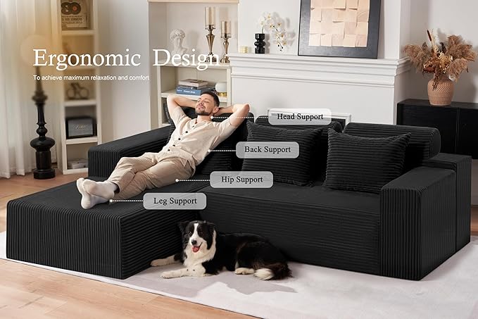 HABUTWAY Sectional Couches for Living Room,No Assembly L Shaped Couch 105" Modular Sectional Sofa Couch with Deep Seat,Cloud Couches Furniture Sets for Apartment,Corduroy (Black, Left Facing)
