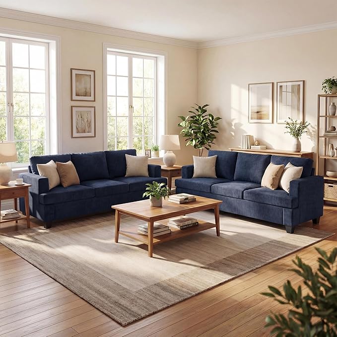 YOUDENOVA 2 Piece Set Comfy Sofa Couch, 3-Seater Sofa * 2 with Deep Seats, Modern Sleeper Couch for Living Room, Navy Chenille