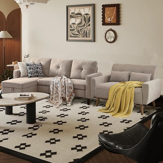 Convertible Sectional Sofa Set, Small L Shaped 3-Seat Couch with Reversible Chaise and Loveseat Sofa, Modern Polyester Sofas Couches for Living Room, Beige | L Shaped 3-Seat, Reversible Chaise, Loveseat Sofa, Modern Polyester, For Living Room