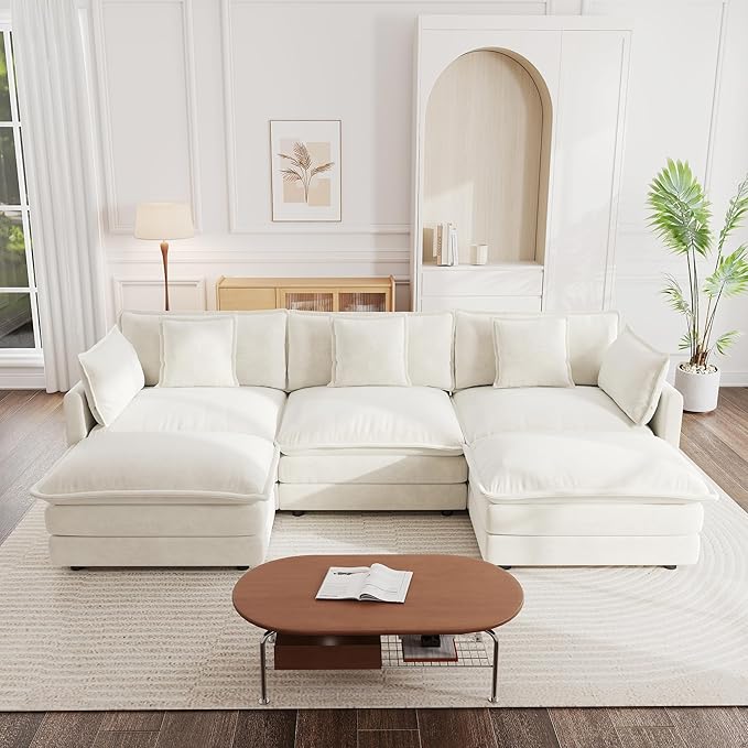 mikibama Modular Sectional Sofa, 111.5 Inch U Shaped Couch Set for Living Room, 3-Seater Comfy Cloud Couches with Movable Ottoman, DIY Combination, Chenille, Beige