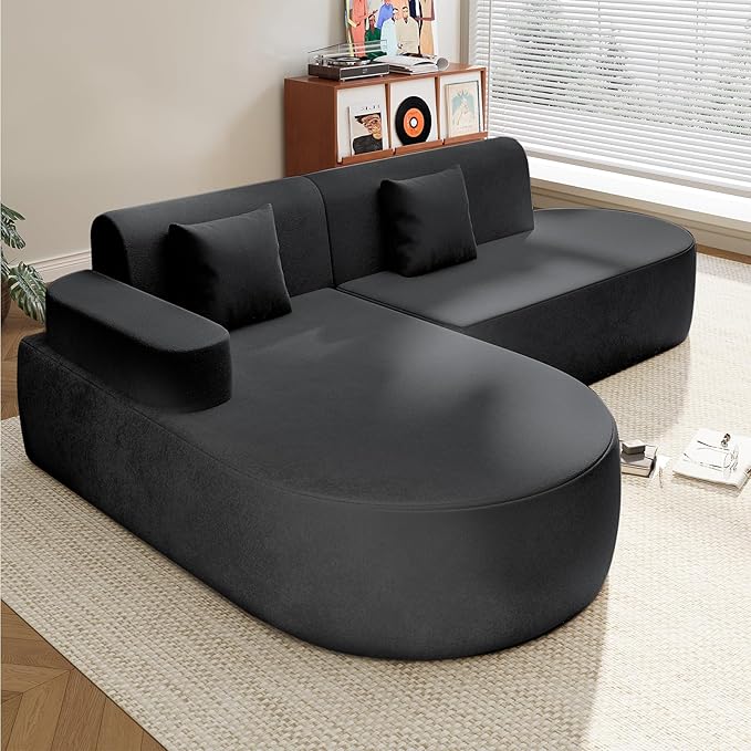 MELLCOM Modern Curved Boneless Sofa Couch, L-Shaped Corner Sofa, No Assembly Needed, Chenille Upholstered Cloud Sectional Couch for Living Room, Bedroom and Apartment (Black, Left Hand Facing)