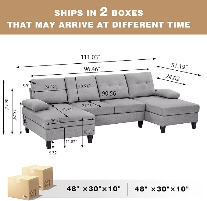 111" Sectional Couch for Living Room, Modern Polyester Fibre U Shaped Sofa Couches with Double Chaise, Upholstered 4 Seater Sofa for Living Room, Apartment, Office, Light Grey