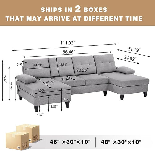 111" Sectional Couch for Living Room, Modern Polyester Fibre U Shaped Sofa Couches with Double Chaise, Upholstered 4 Seater Sofa for Living Room, Apartment, Office, Light Grey