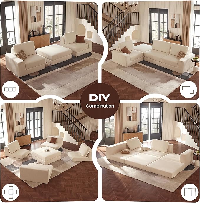 Modular Sectional Sofa, 120.47" Modern Cloud Couch Sectional Sofa with U-Shaped Chaise Comfy Corduroy Fluffy Couch with Deep Seat Boneless couches for Living Room Bedroom, White