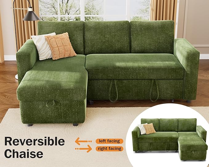 Vipbear 82" Sectional Sleeper Sofa with Pull Out Bed, L Shaped Couch Sleeper Sofa Bed, Pull Out Couch with Reclining Backrest, Reversible Storage Chaise, USB Ports, Tool-Free Assembly, Chenille Green