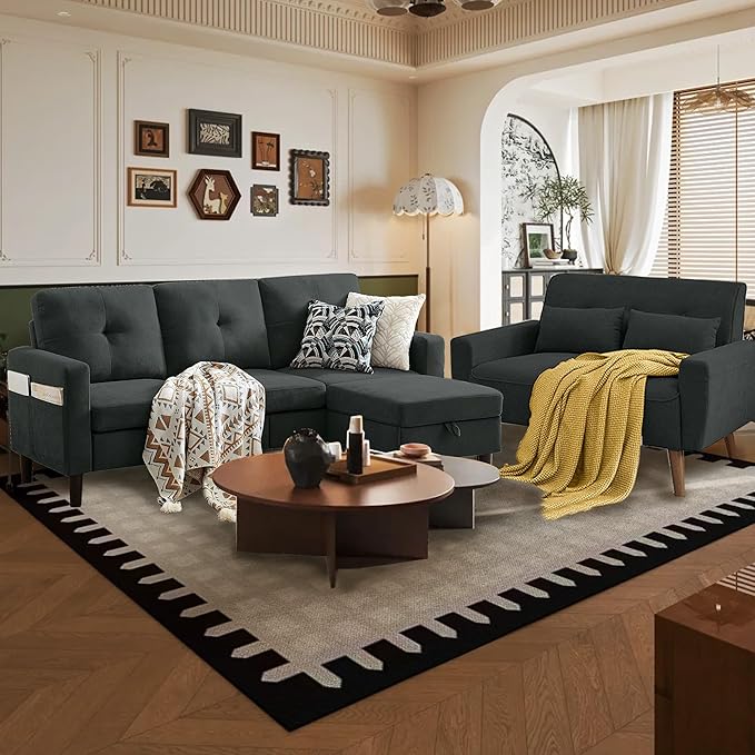 Convertible Sectional Sofa Set, Small L Shaped 3-Seat Couch with Reversible Chaise and Accent Chair, Modern Polyester Sofas Couches for Living Room, Black