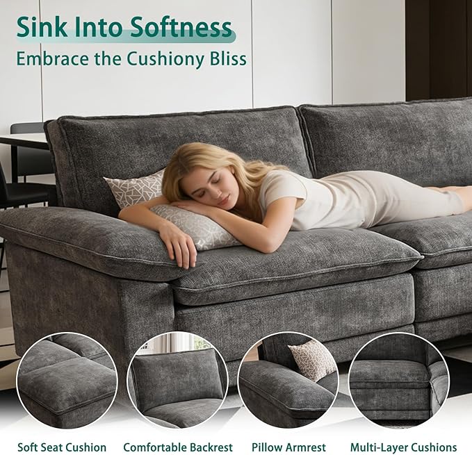 Modern L Shaped Sofa Couches for Living Room, Modular Sectional Cloud Couch with Movable Ottoman, Comfy Chenille Sofa for Apartment and Small Space, Dark Gray