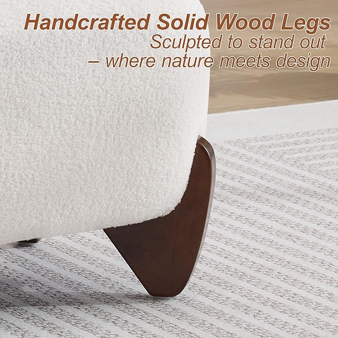 28.7" Sherpa Boucle Ottoman with Solid Wood Legs, Modern Upholstered Footstool, Comfy Ottoman for Living Room, Bedroom, White