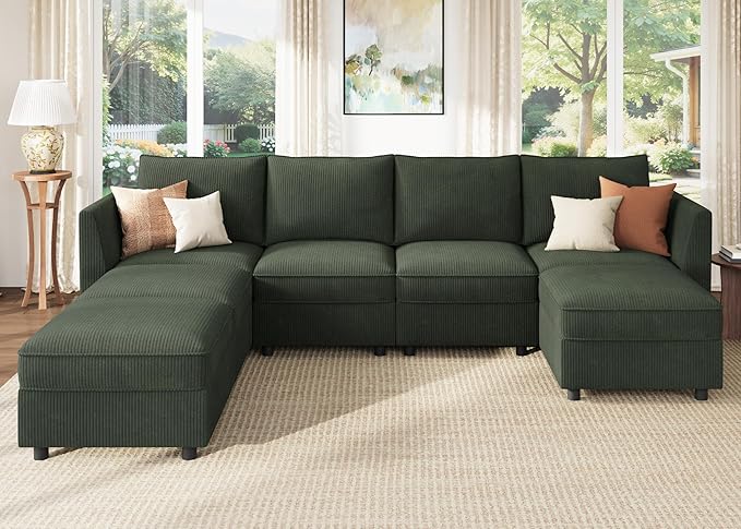 HONBAY Modular Sofa U Shaped Sectional Couch with Storage, Convertible Modular Sofa 7 Seats Sectional for Living Room - Green