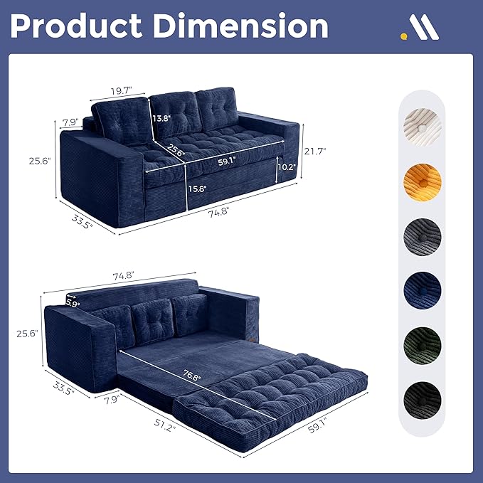 MAXYOYO Convertible Sofa Bed, Pull Out Oversized Loveseat Sleeper Sofa, 2 in 1 Folding Couch Bed, Fold Out Floor Couch with Pillows for Living Room Bedroom Lounge, Navy