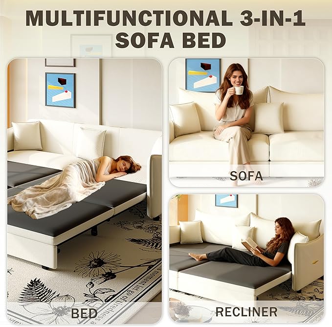 KEIKI 81.9" King Pull Out Sofa Bed, 3-in-1 Convertible Sleeper Sofa for Small Spaces, Modern Velvet 3-Seater Couch with Golden Accents, Space-Saving Solution for Apartments and Living Rooms