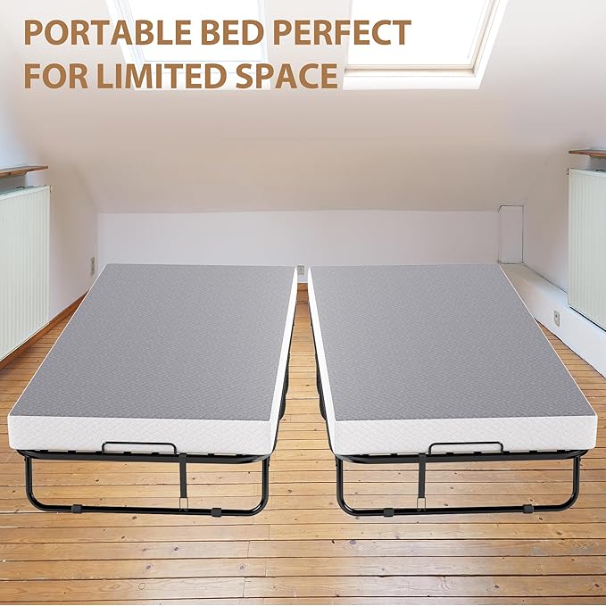 Decofy Folding Bed with Memory Foam Mattress, Portable Rollaway Guest Beds on Wheels, 75"x38" Twin Size Space-Saving Cot-Size Bed for Adults with Easy Assembly Metal Frame (Grey)