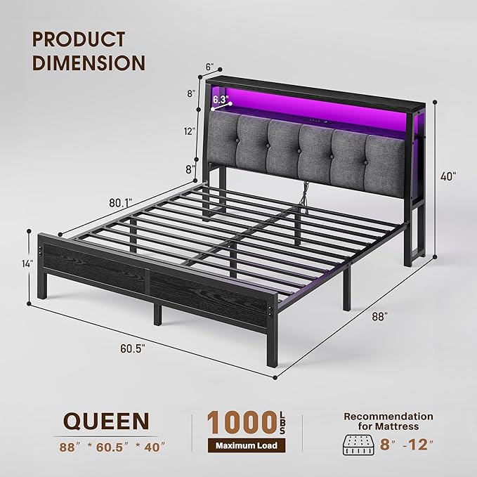 Homkdom Queen Bed Frame with LED Lights Grey Upholstered Headboard with Charging Station, Type C& 2-Tier Storage Shelves,Metal Platform Bed with 12" Under-Bed Storage, Noise-Free, Black