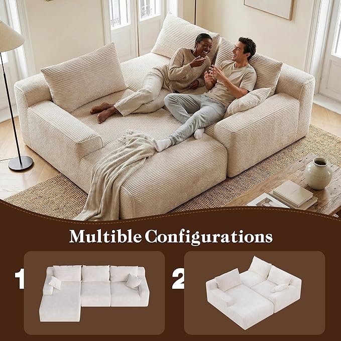 97" L-Shaped Cloud Corduroy Sofa with Left Chaise, Modular Sectional Couch, Flexible Combination Couches for Living Room, Bedroom, No Assembly Required (White)