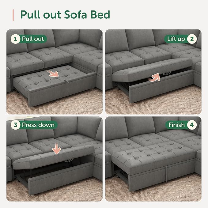 HONBAY Modular Sectional Sleeper Sofa with Pull Out Bed,U Shaped Couch with Storage Seat,Sectional Couches for Living Room,Warm Grey