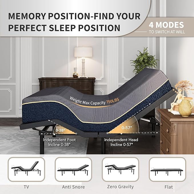Dyonery Split King Adjustable Bed Frame with Mattress, 14 Inch Copper-Gel AeroFusion Memory Foam, Head & Foot Incline, 750lbs Lift Capacity, Powerful Quiet Motor, 5 Minutes Tools-Free Assembly