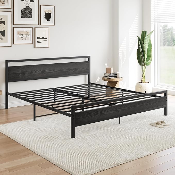 BOFENG Black King Size Bed Frame with Wood Headboard,Industrial Metal Platform Bed Frame King Size with Storage No Box Spring Needed,Strong Steel Slats Support,Easy Assembly