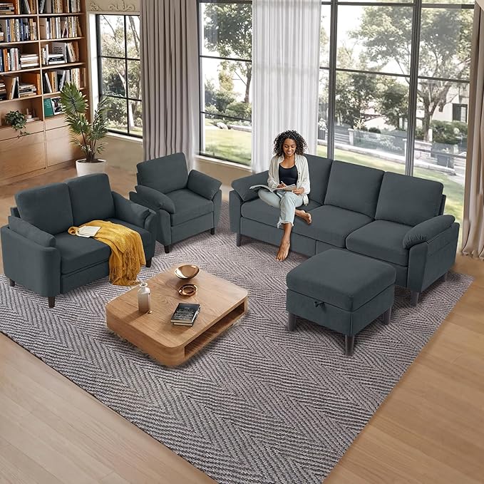 4 Piece Convertible Sectional Sofa Set, Modern Linen Small L Shaped Couch with Reversible Chaise, 3-Seater Sofa & Loveseat & Armchair for Living Room, Office, Apartment, Dark Grey