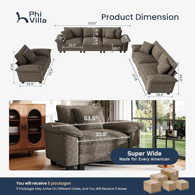 PHI VILLA Cloud Modular Couches Sets, 3 Pieces Large Sectional Sofa Set with Loveseats, 7-Seater Upholstered Couch for Living Room, Chenille Fabric, Smoky Grey