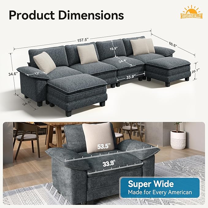 U Shaped Modular Cloud Couch, 157.5'' Oversized Chenille Sectional Sofa with Wider Armrest and Ottoman, Upholstered 6-Seat Modern Deep Seat for Bedroom Living Room, Cyan
