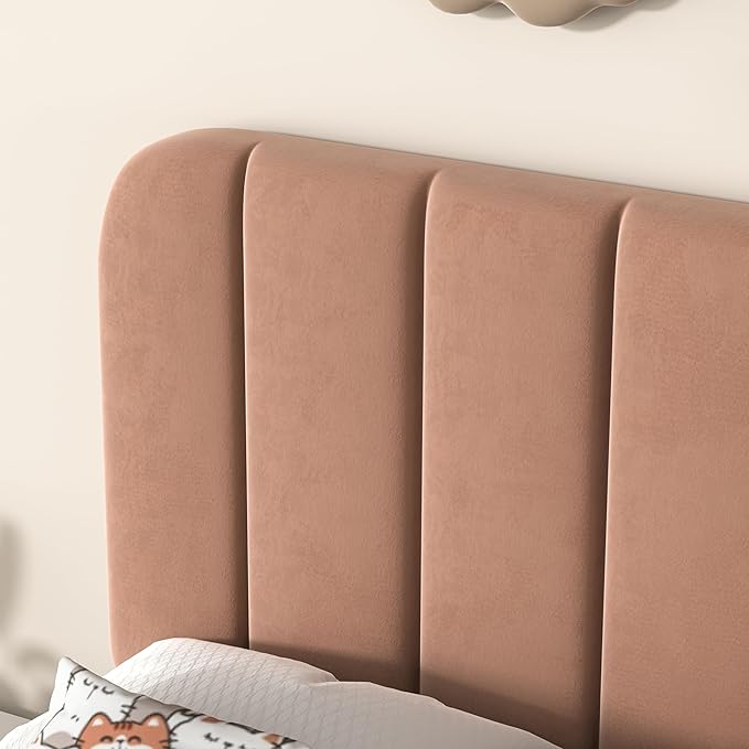 VECELO Twin Size Bed Frame with Upholstered Headboard, Velvet Platform Bedframe Mattress Foundation, Strong Wood Slat Support, No Box Spring Needed,Tan Brown