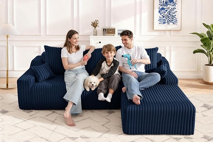 HABUTWAY 94'' Cloud Sectional Couch, Boneless Sofa with Deep Seat, Modular Comfy L-Shape Couch with Chaise for Living Room Bedroom, No Assembly Required(Blue,Right Facing Chaise)