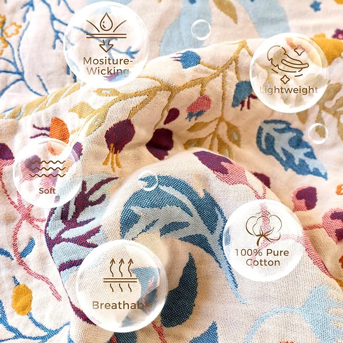LUTBM Boho Throw Blanket with Florals & Leaves Embroidery Reversible Lightweight Spring Cotton Gauze Throws for Couch,Bed,Sofa & Chair Decor - Bohemian Living Room Accent Gift 50"x60"