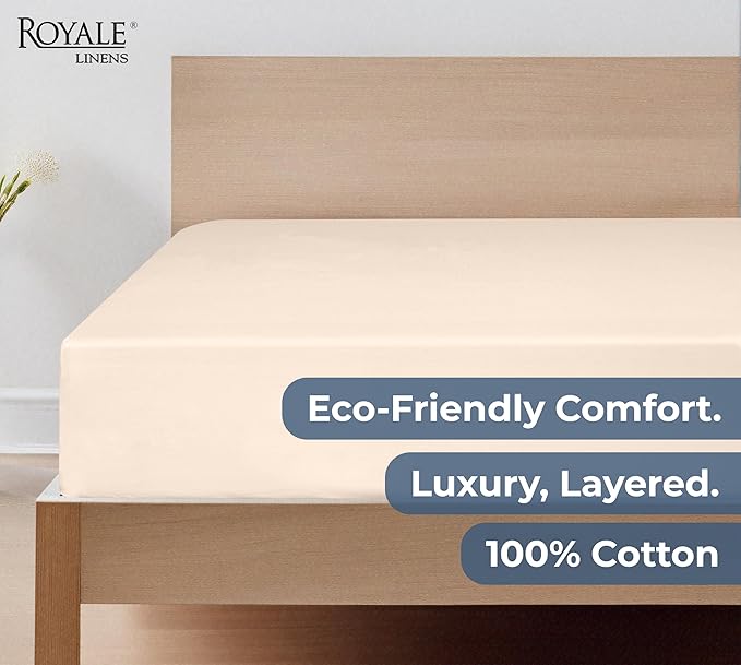 Royale Linens 100% Organic Cotton Fitted Sheet - Percale Weave - Super Soft Deep Pocket Bottom Sheets - Cream Elastic Sheet Queen Size - Queen Fitted Sheets Only - (60"x80"+15", Cream)