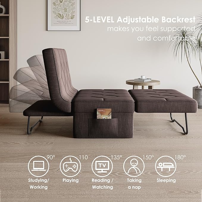 Convertible Sofa Bed with 5-Level Adjustable Backrest, 74" D x 28" W 4-in-1 Folding Ottoman Sleeper Chair Bed, Modern Single Futon Couch for Living Room Apartment Dorm Small Space, Dark Brown