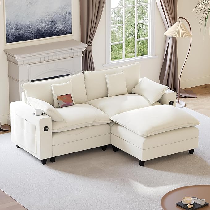 80.7" Modular Sectional Sofa, L Shaped Cloud Couch with Movable Ottoman, Chenille Deep Seat Cloud Sofa with Charging Station, Cup Holder, Side Pocket, Sectional Couches for Living Room, Beige