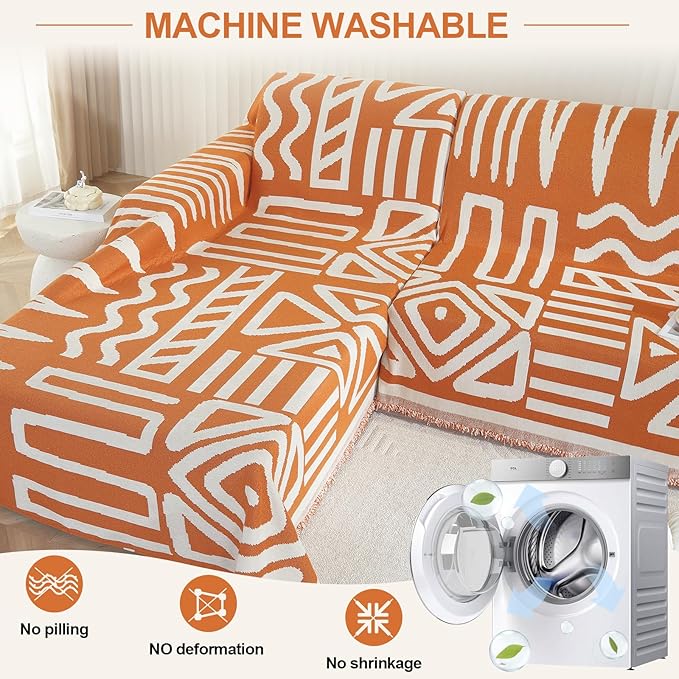 OstepDecor Boho Sectional Couch Covers 2 Pieces, L Shaped Sofa Cover, Chenille Couch Cover for Dogs Washable, Couch Cover Blanket, Sofa Slipcover for 2-3 Cushion Couch (71"x118"+91"x134", Orange)