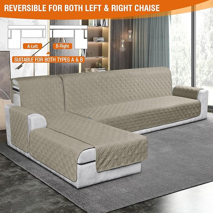 VANSOFY Sectional Couch Covers 100% Waterproof L Shaped Sofa Slipcover 3pcs Reversible Chaise Lounge Cover for Sectional Sofa Furniture Protector Cover for Pets Cat Dog(X-Large, Khaki)
