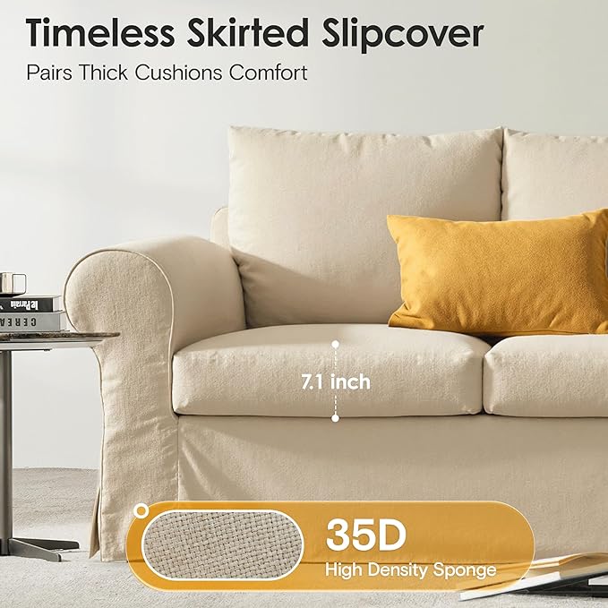 89" 3 Seater Sofa for Living Room, Deep Seated Comfy Couch High Back Suppor Removable Washable Couches, Modern Farmhouse Rolled-Arm Sofas - Beige