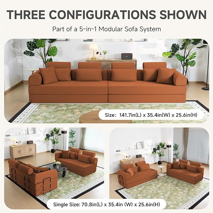 106” L Shaped Boneless Sectional Couch, Two 70.87” Pieces Convert to 141.7” Extra Long Straight Sofa, Corduroy Couch in a Box with Headrest and Back Pillows for Apartment Living Room, Orange
