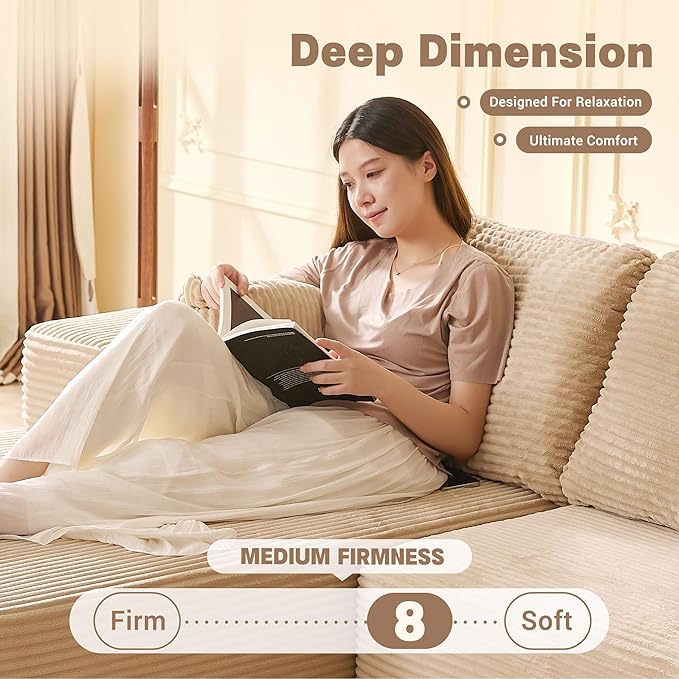 107" Boneless Couch with Deep Seat, Set of Modular Sectional Sofa, Cloud Sectional Couch for Living Room, No Assembly Required, Corduroy, L-Shape Left, Camel
