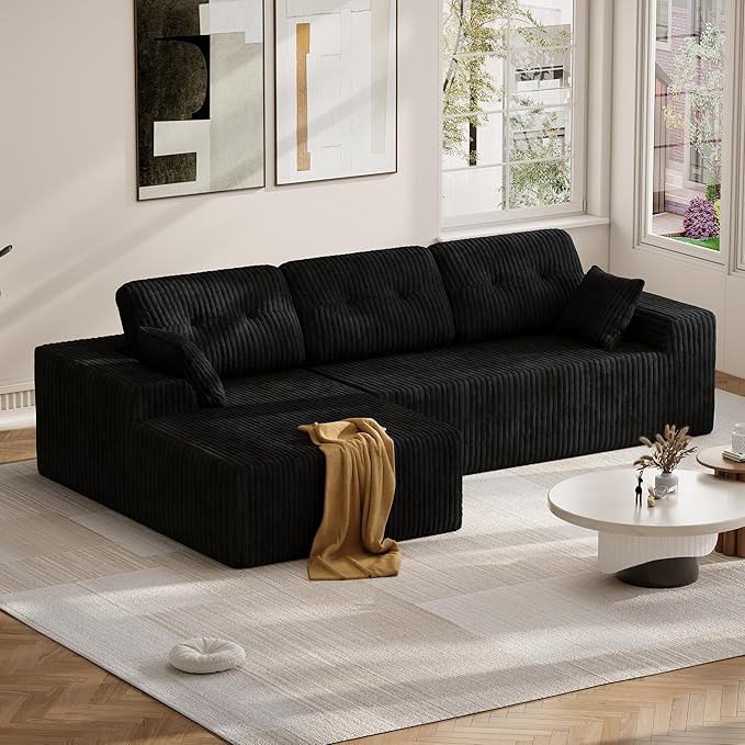 Ball & Cast 106" Modular Sectional Sofa, Cloud Corduroy Couch with Deep Seat, Boneless L-Shaped Sectional, Upholstered Modular Sofa for Living Room, No Assembly Required (Black, Left Facing Chaise)