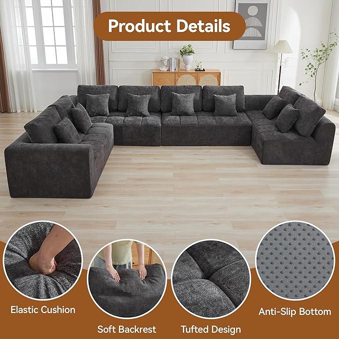 170''Modular Sectional Couches for Living Room, Cloud Boneless Compressed Sectional Sofa, Oversized U Shaped 8 Seater Upholstered Memory Foam Sofa, No Assembly, Chenille Grey