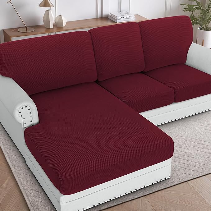 H.VERSAILTEX Sectional Couch Covers 3 Pieces Sofa Seat Cushion Covers L Shape Separate Cushion Couch Chaise Cover for Both Left/Right Sectional Couch (Seat Only: 1 Chaise + 2 Sofa, Burgundy)