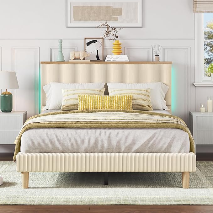 Bestier Queen Bed Frame with Adjustable Headboard & LED Lighting, Corduroy Upholstered Platform Bed Frame with Storage Shelf, Solid Wood Slats, No Box Spring Needed, Never Squeak, Easy Assembly, Beige