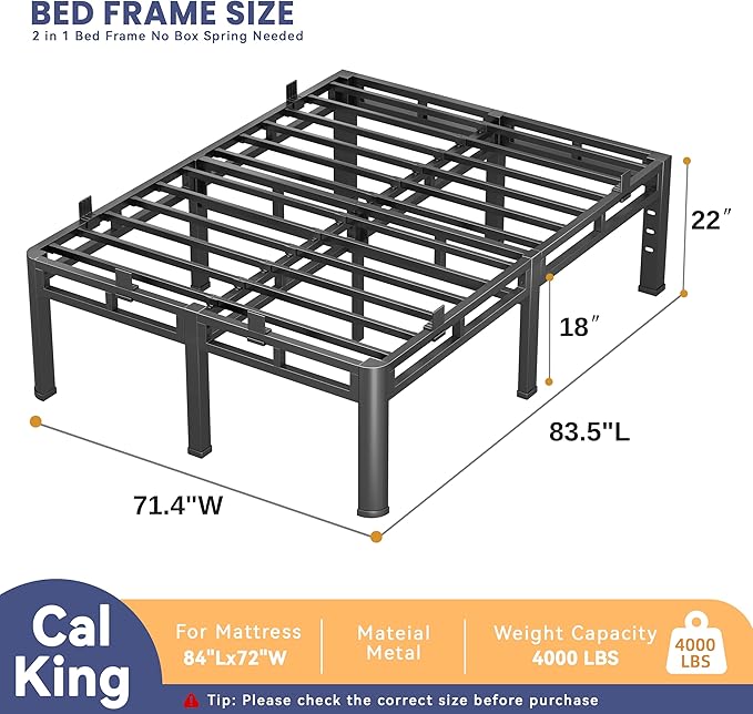 22 Inch Bed Frame Cal King, Double Layer Heavy Duty Metal Platform 4000 lbs Capacity, Bed Frames with Headboard Holes, Round Corner Legs, Mattress Slide Stopper, Easy Assembly