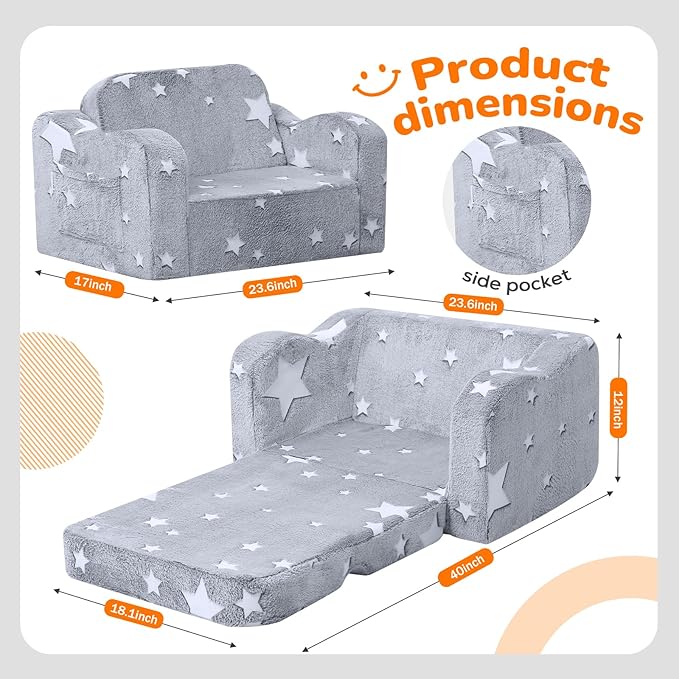 MeMoreCool Glowing Star Kids Chair, 2-in-1 Foldable Kids Couch with Glow-in-the-Dark Star Design, Soft Foam Fold Out Lounger for Playroom and Reading, Washable Cover, Gift for Boys and Girls | Relaxing, Gift