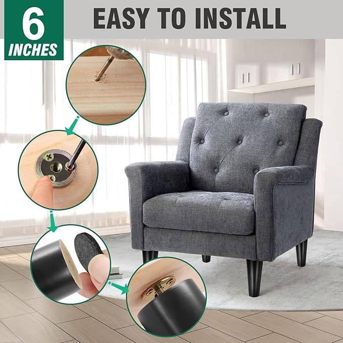 FoDau770 Black Rubber Wood Furniture Legs 6 Inches, Straight Tapered Wood Feet Mid Century Sofa Legs Set of 8, 5/16" UNC Furniture Feet for Cabinet Couch Dresser Chair Ottoman Table