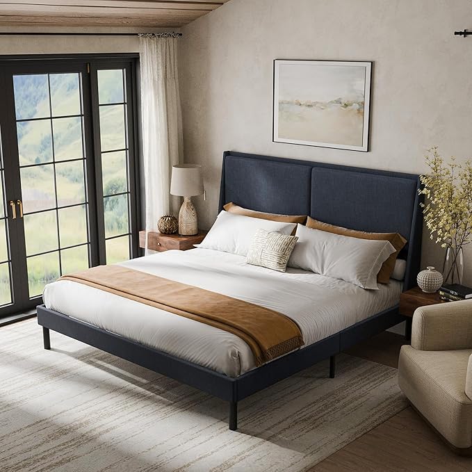 Cozy Castle King Size Upholstered Platform Bed Frame with 51.2" Tall Wingback Headboard, Double Backrest Metal Bed Frame, No Box Spring Needed, Easy Assembly, Bedroom Furniture, Navy Blue