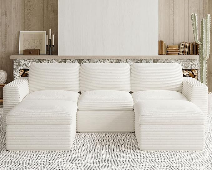 Belffin Boneless Modular Cloud Sectional Couch with Deep Seat Plush Corduroy 3-Seater Boneless U Shaped Couch with Ottoman No Assembly Required. Beige Sofa
