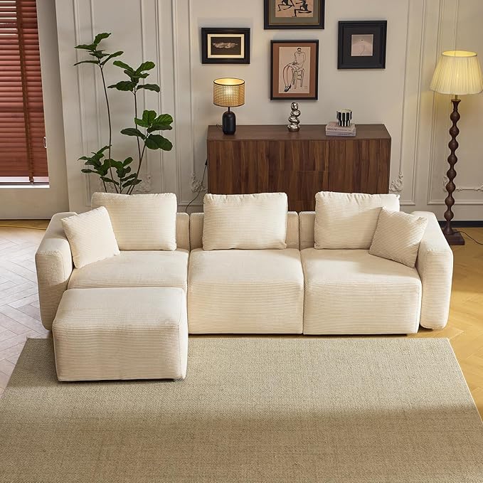 Karl home Modular Cloud Couch with Ottoman 112.2" Corduroy Sectional Sofa L-Shaped Modern Sofa Couch with Pillows for Living Room, Bedroom, Apartment, Creamy